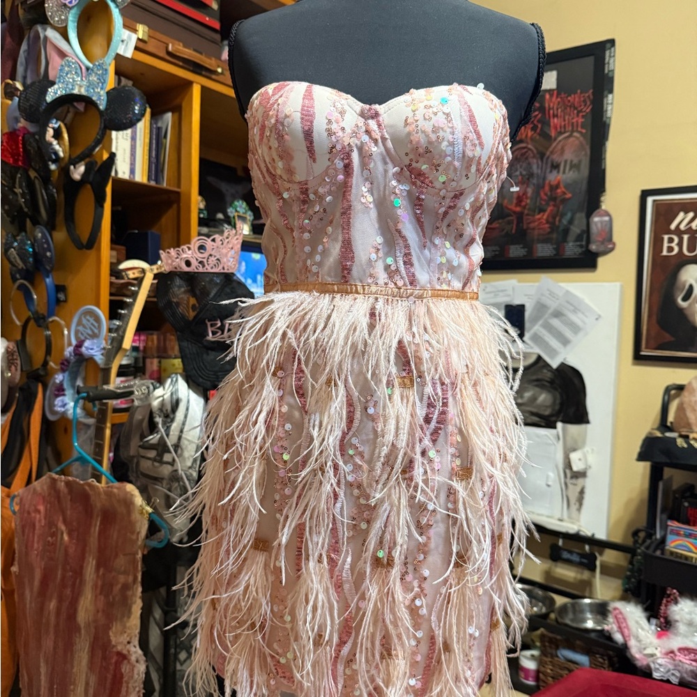 Pink and White Strapless Feather Dress